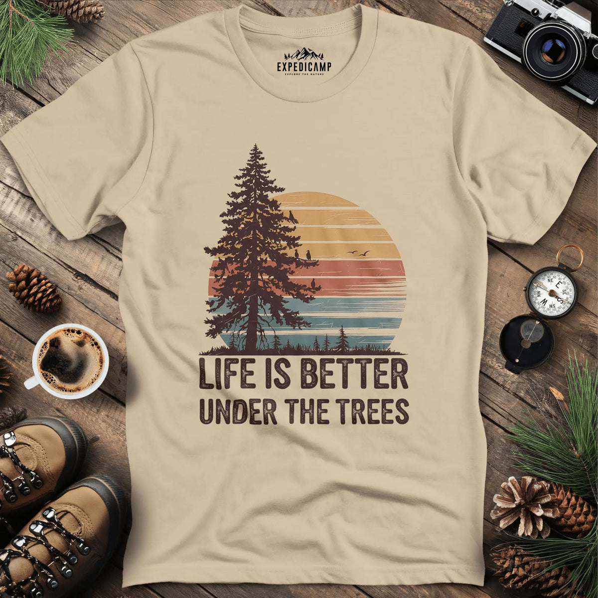 Sunset Life is Better Under the Trees T-Shirt – Sand – Outdoor apparel for travel, hiking, camping, and nature lovers – ExpediCamp