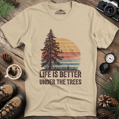 Sunset Life is Better Under the Trees T-Shirt – Sand – Outdoor apparel for travel, hiking, camping, and nature lovers – ExpediCamp
