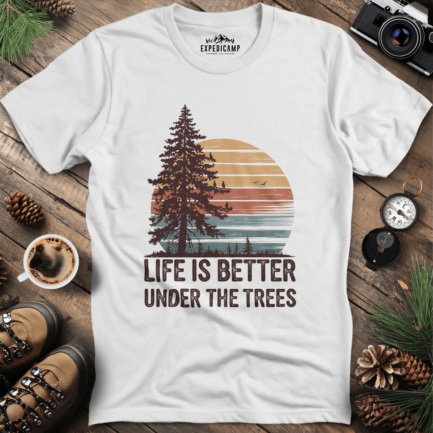 Sunset Life is Better Under the Trees T-Shirt – White – Outdoor apparel for travel, hiking, camping, and nature lovers – ExpediCamp