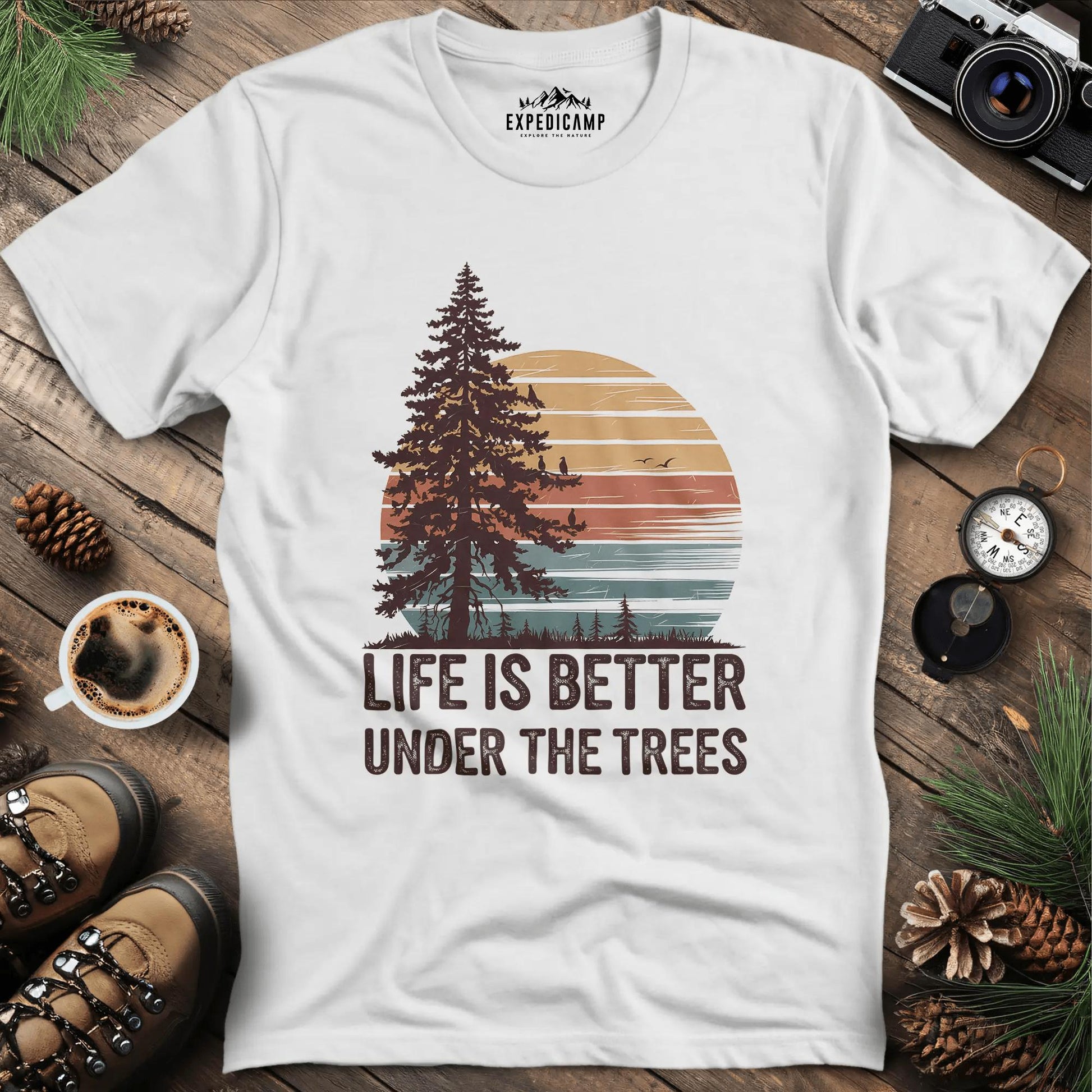 Sunset Life is Better Under the Trees T-Shirt – White – Outdoor apparel for travel, hiking, camping, and nature lovers – ExpediCamp