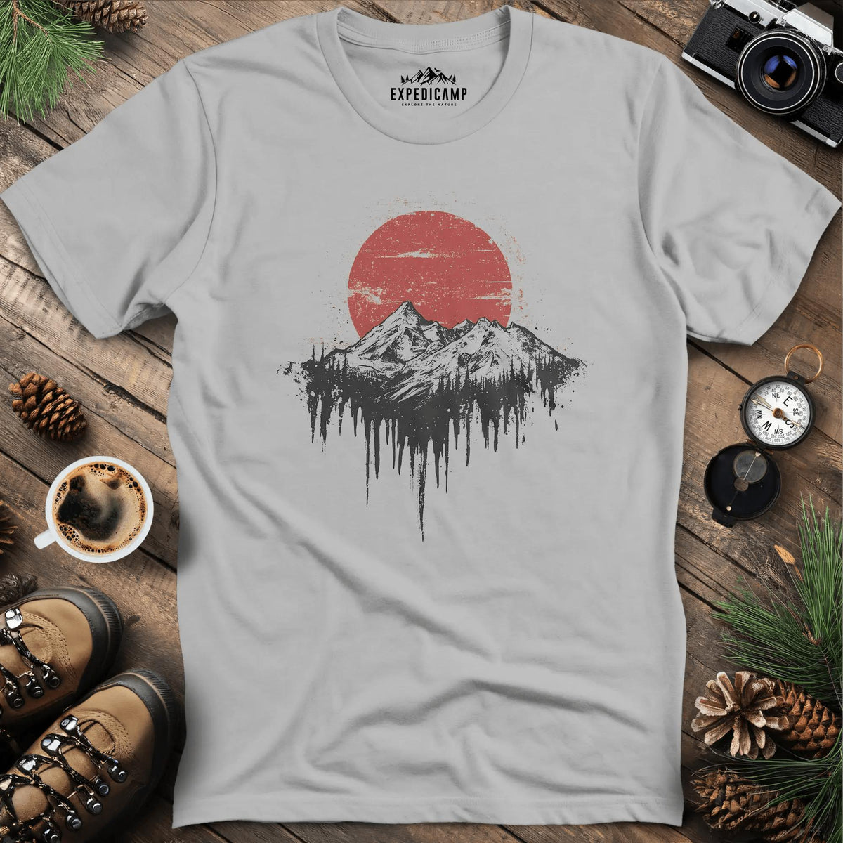 Surreal Mountain and Red Sun T-Shirt – Ice Grey – Outdoor apparel for travel, hiking, camping, and nature lovers – ExpediCamp