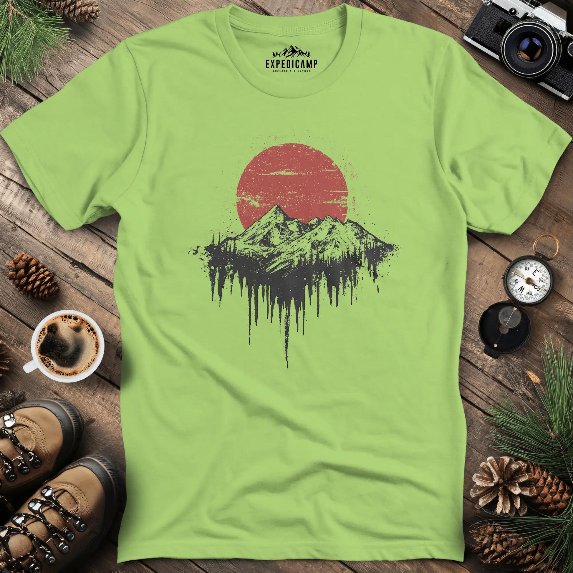 Surreal Mountain and Red Sun T-Shirt – Kiwi – Outdoor apparel for travel, hiking, camping, and nature lovers – ExpediCamp
