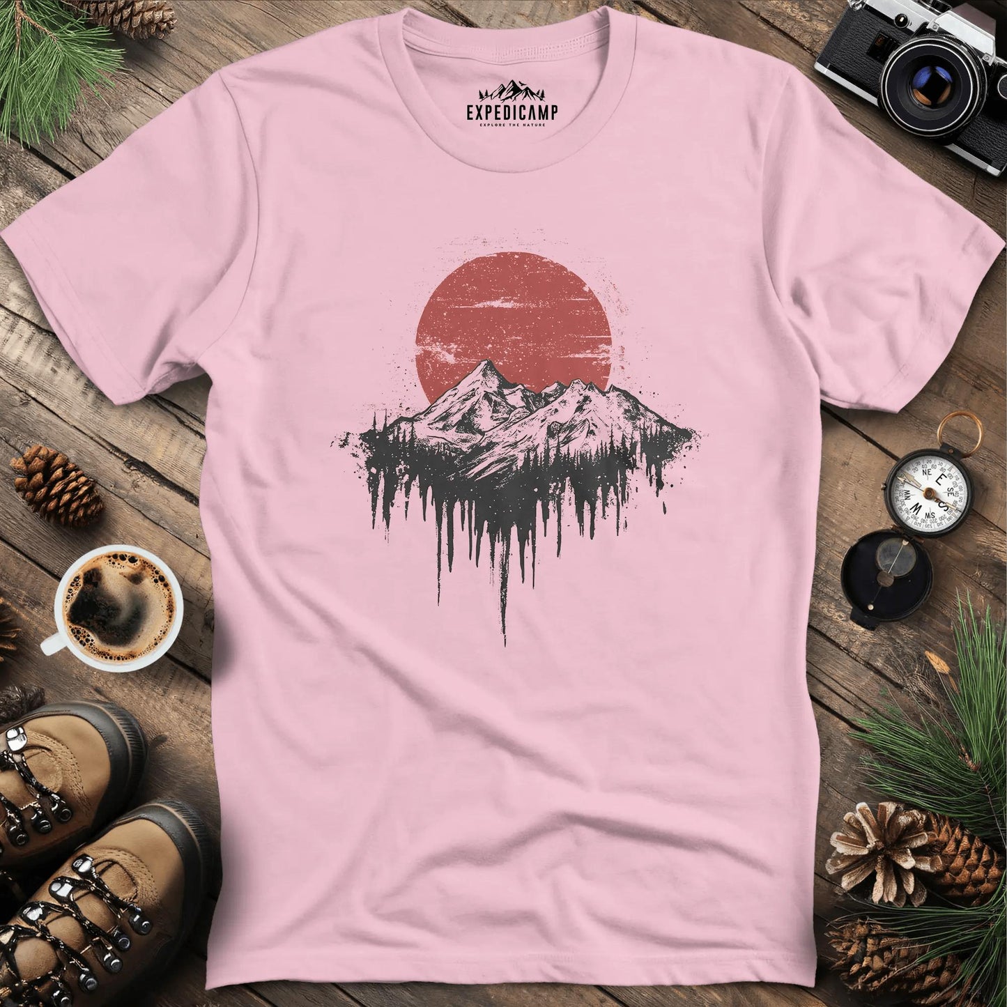 Surreal Mountain and Red Sun T-Shirt – Light Pink – Outdoor apparel for travel, hiking, camping, and nature lovers – ExpediCamp