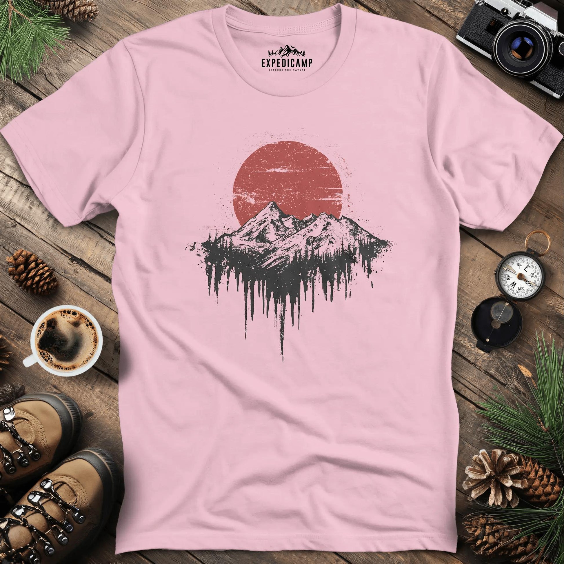 Surreal Mountain and Red Sun T-Shirt – Light Pink – Outdoor apparel for travel, hiking, camping, and nature lovers – ExpediCamp