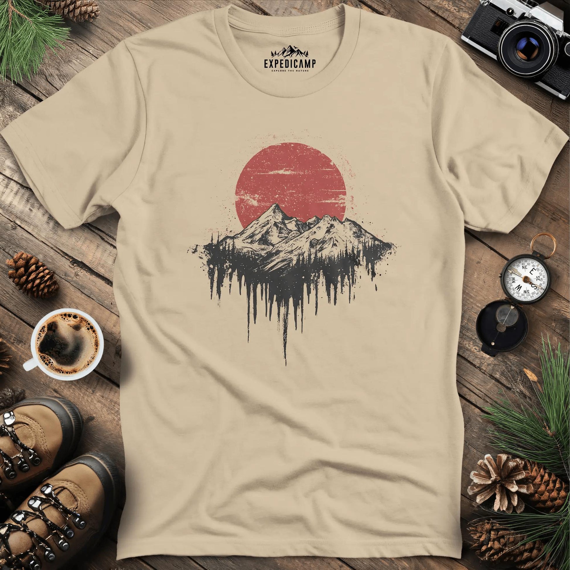Surreal Mountain and Red Sun T-Shirt – Sand – Outdoor apparel for travel, hiking, camping, and nature lovers – ExpediCamp