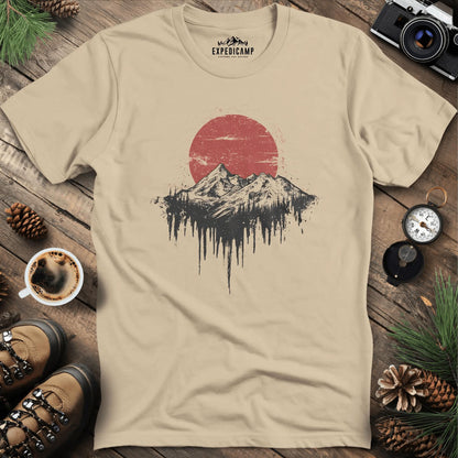 Surreal Mountain and Red Sun T-Shirt – Sand – Outdoor apparel for travel, hiking, camping, and nature lovers – ExpediCamp