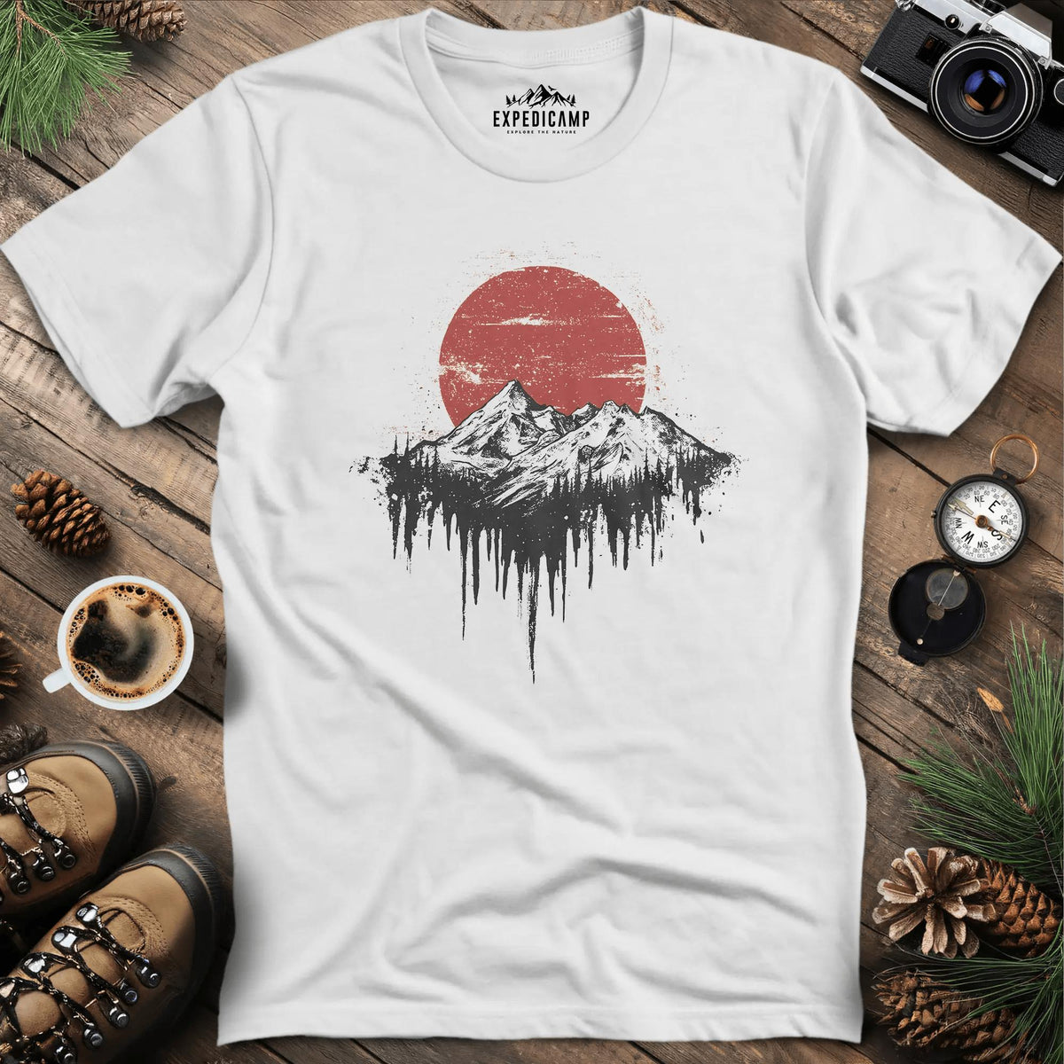 Surreal Mountain and Red Sun T-Shirt – White – Outdoor apparel for travel, hiking, camping, and nature lovers – ExpediCamp