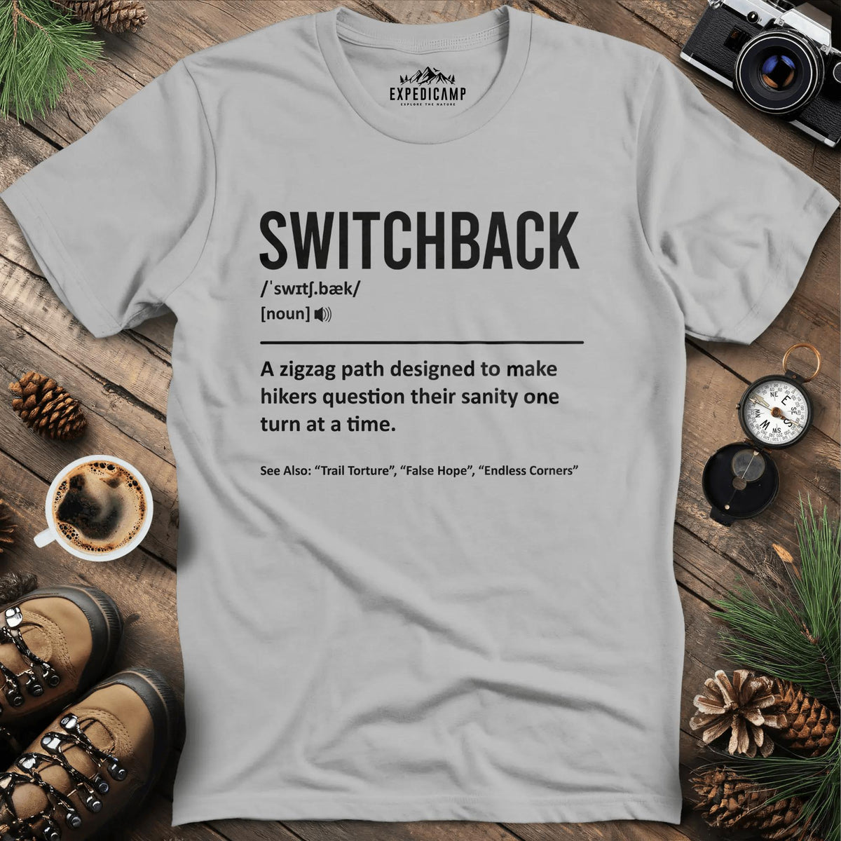 Switchback Definition T-Shirt – Ice Grey – Outdoor apparel for travel, hiking, camping, and nature lovers – ExpediCamp