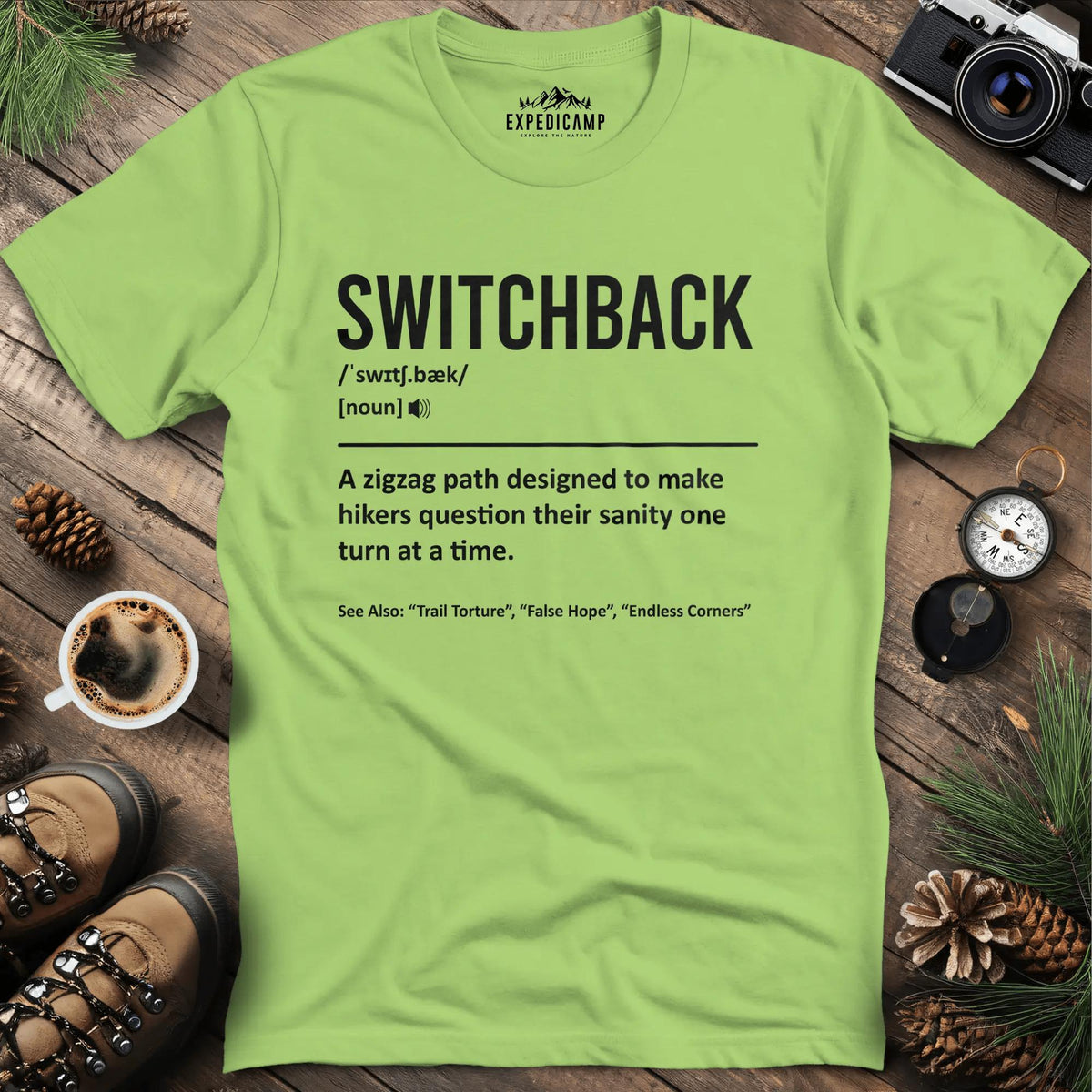 Switchback Definition T-Shirt – Kiwi – Outdoor apparel for travel, hiking, camping, and nature lovers – ExpediCamp