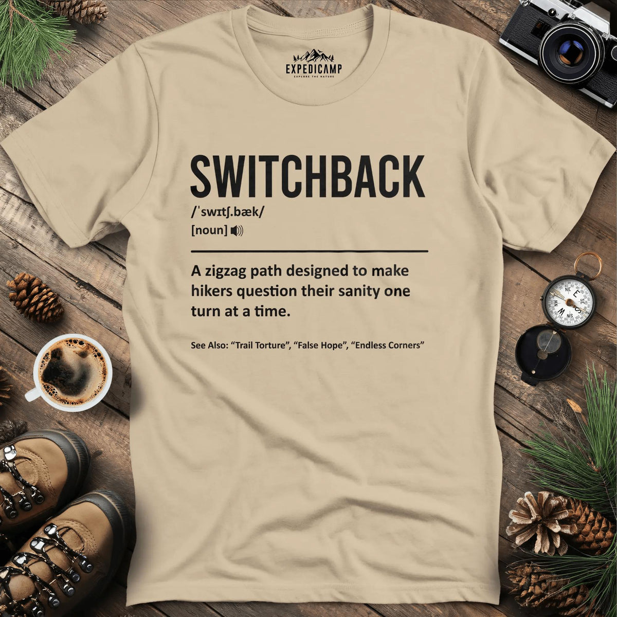 Switchback Definition T-Shirt – Sand – Outdoor apparel for travel, hiking, camping, and nature lovers – ExpediCamp