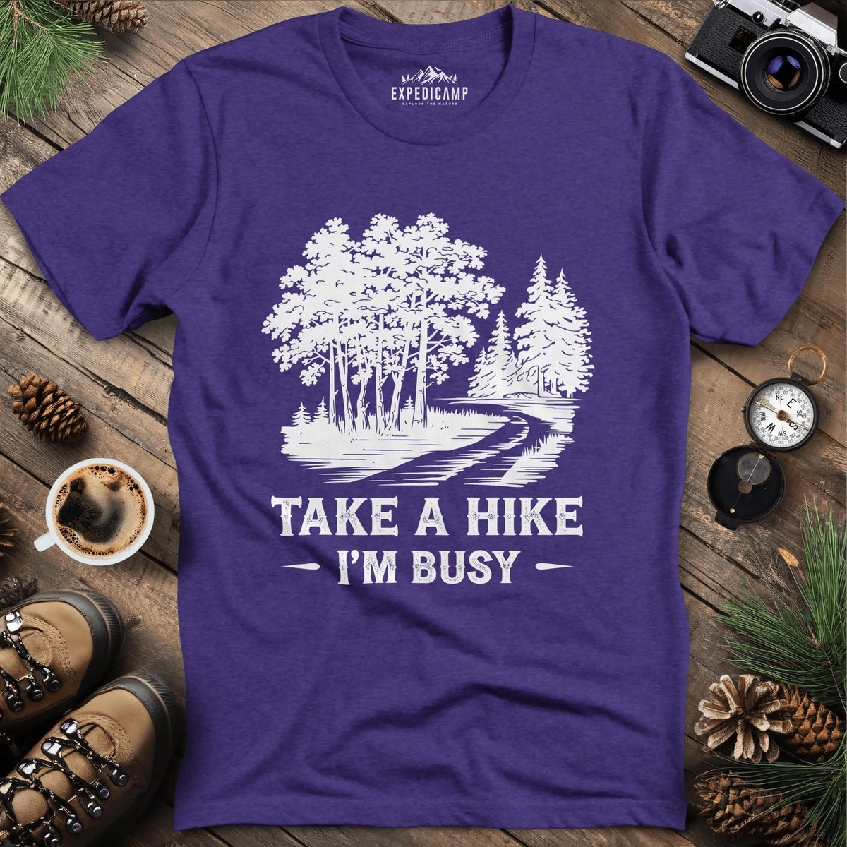 Take a Hike I'm Busy T-Shirt – Heather Purple – Outdoor apparel for travel, hiking, camping, and nature lovers – ExpediCamp