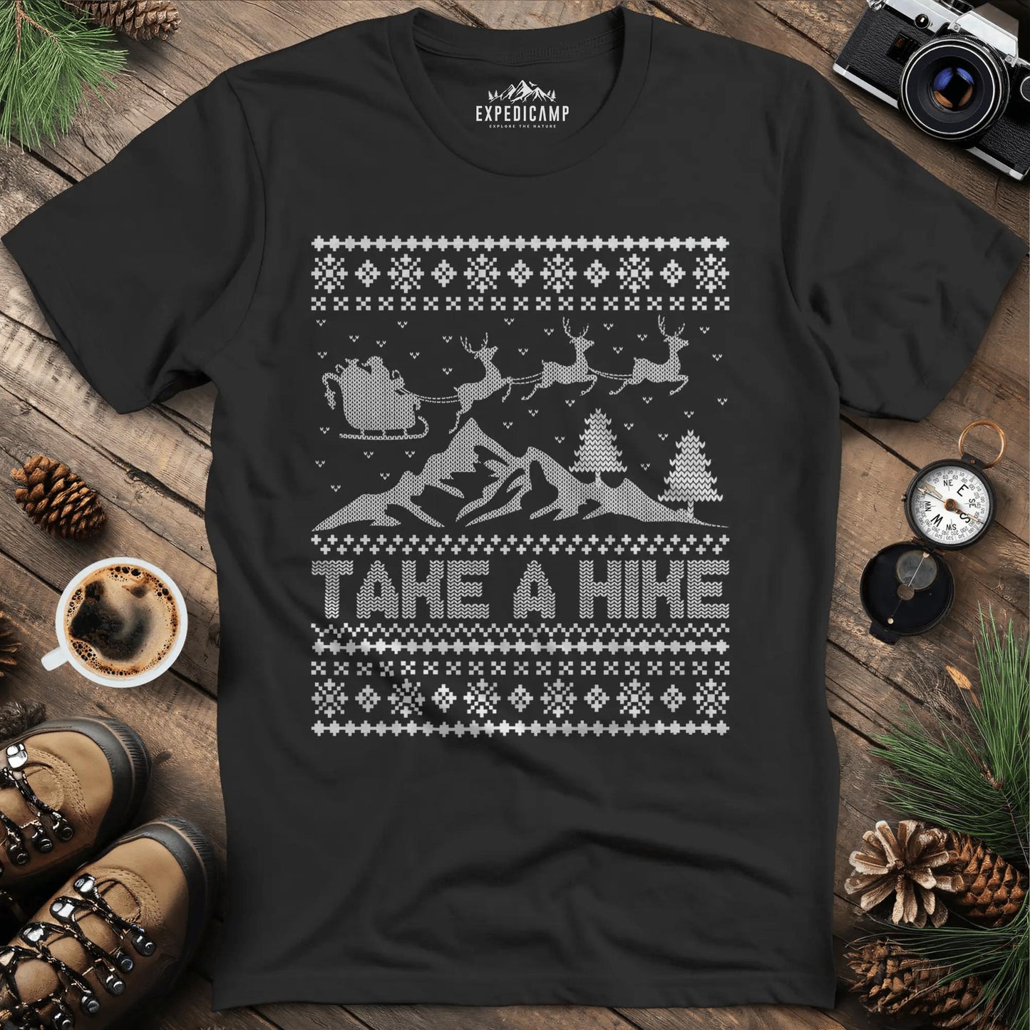 Take a Hike Ugly Christmas T-Shirt – Black – Outdoor apparel for travel, hiking, camping, and nature lovers – ExpediCamp