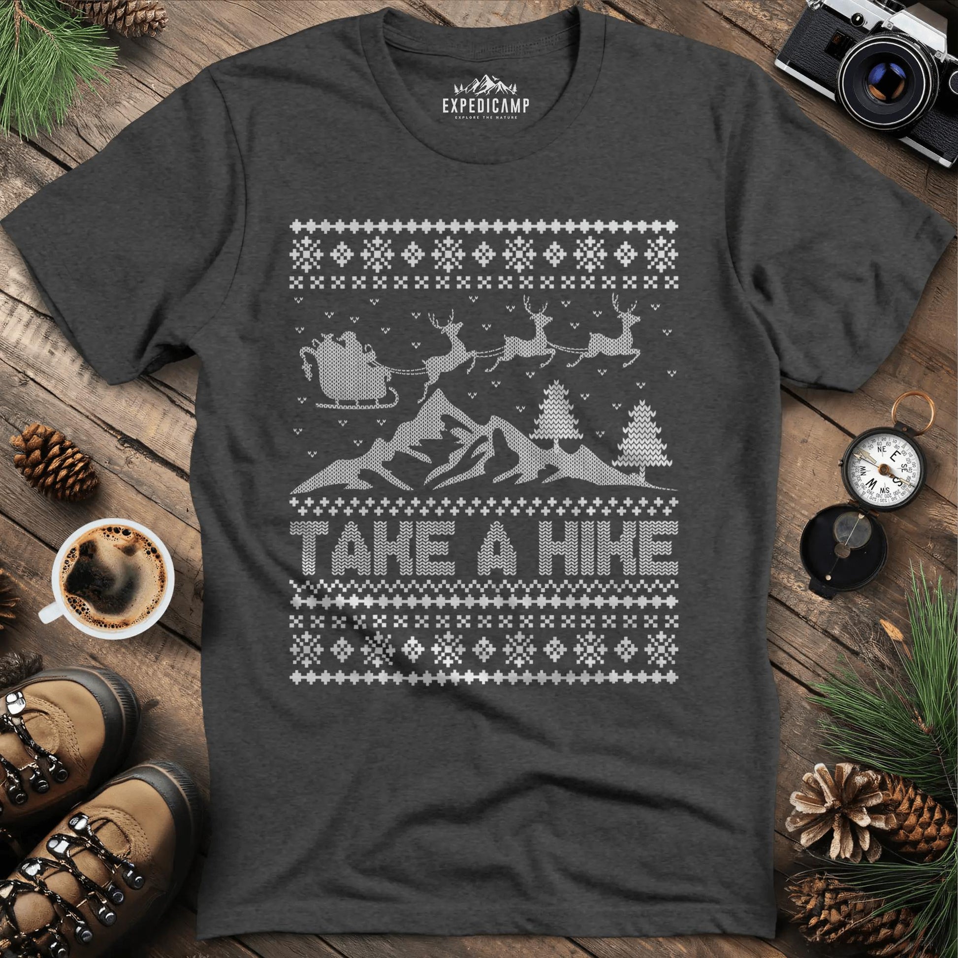 Take a Hike Ugly Christmas T-Shirt – Dark Heather – Outdoor apparel for travel, hiking, camping, and nature lovers – ExpediCamp