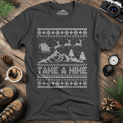 Take a Hike Ugly Christmas T-Shirt – Dark Heather – Outdoor apparel for travel, hiking, camping, and nature lovers – ExpediCamp