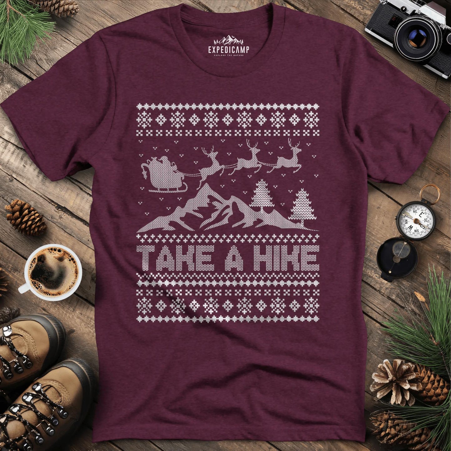 Take a Hike Ugly Christmas T-Shirt – Heather Maroon – Outdoor apparel for travel, hiking, camping, and nature lovers – ExpediCamp