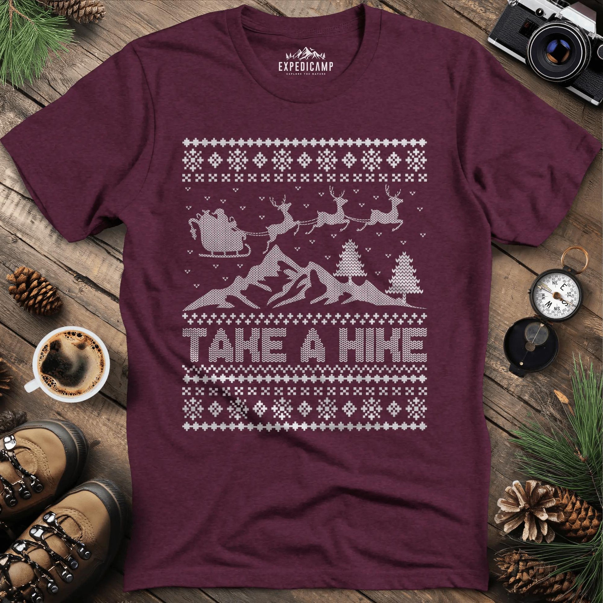 Take a Hike Ugly Christmas T-Shirt – Heather Maroon – Outdoor apparel for travel, hiking, camping, and nature lovers – ExpediCamp