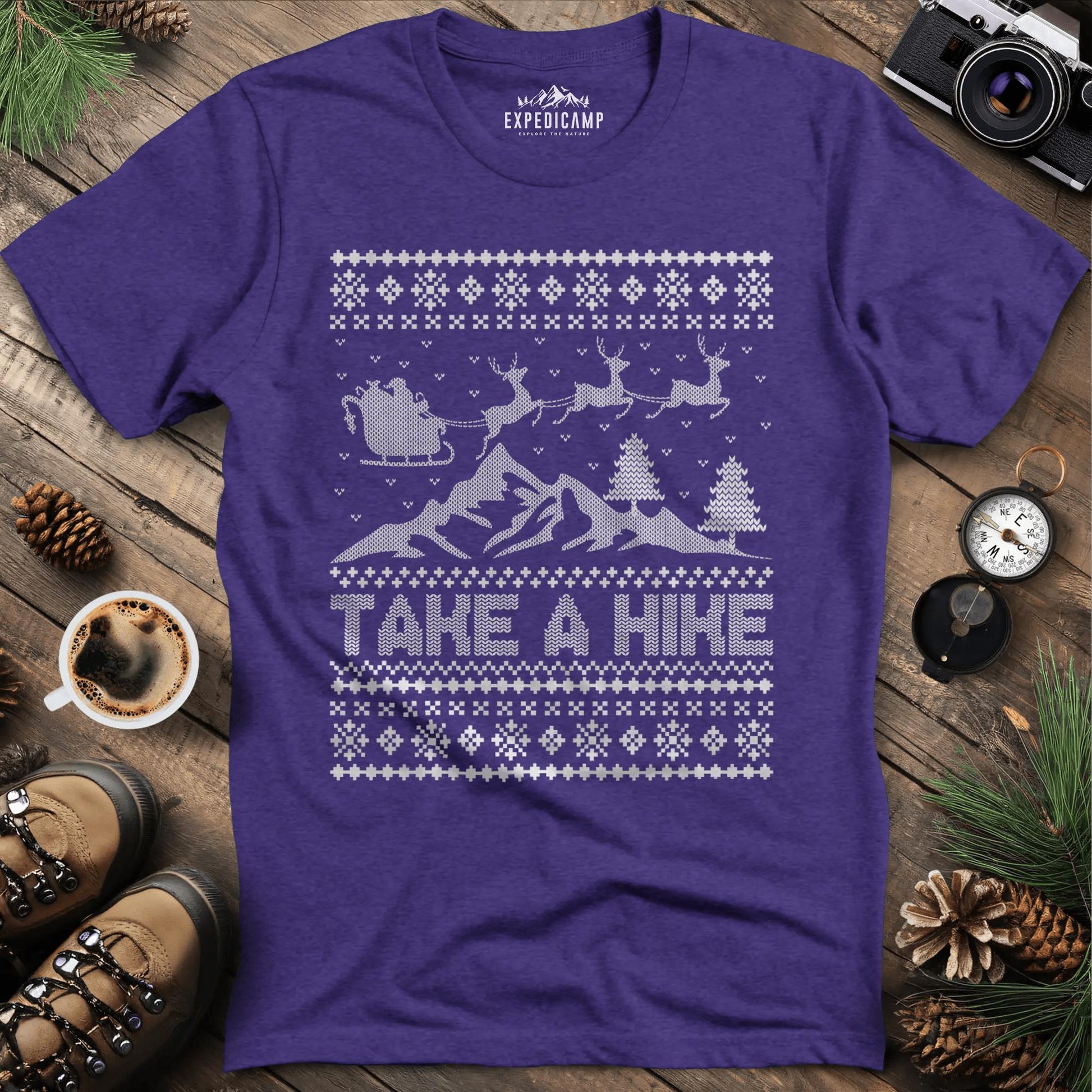 Take a Hike Ugly Christmas T-Shirt – Heather Purple – Outdoor apparel for travel, hiking, camping, and nature lovers – ExpediCamp