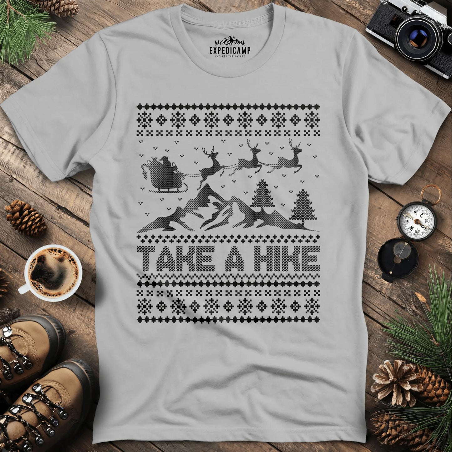 Take a Hike Ugly Christmas T-Shirt – Ice Grey – Outdoor apparel for travel, hiking, camping, and nature lovers – ExpediCamp
