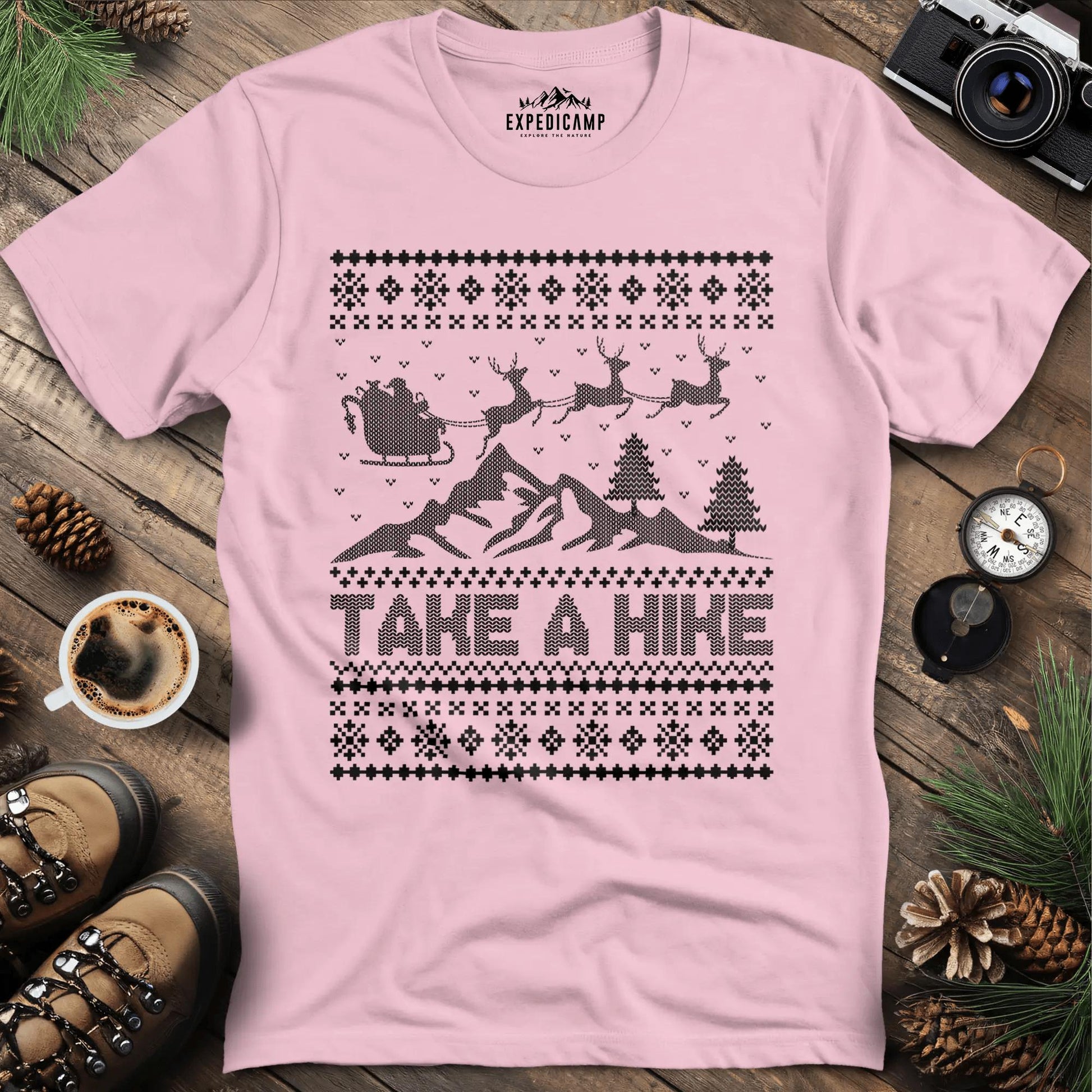 Take a Hike Ugly Christmas T-Shirt – Light Pink – Outdoor apparel for travel, hiking, camping, and nature lovers – ExpediCamp