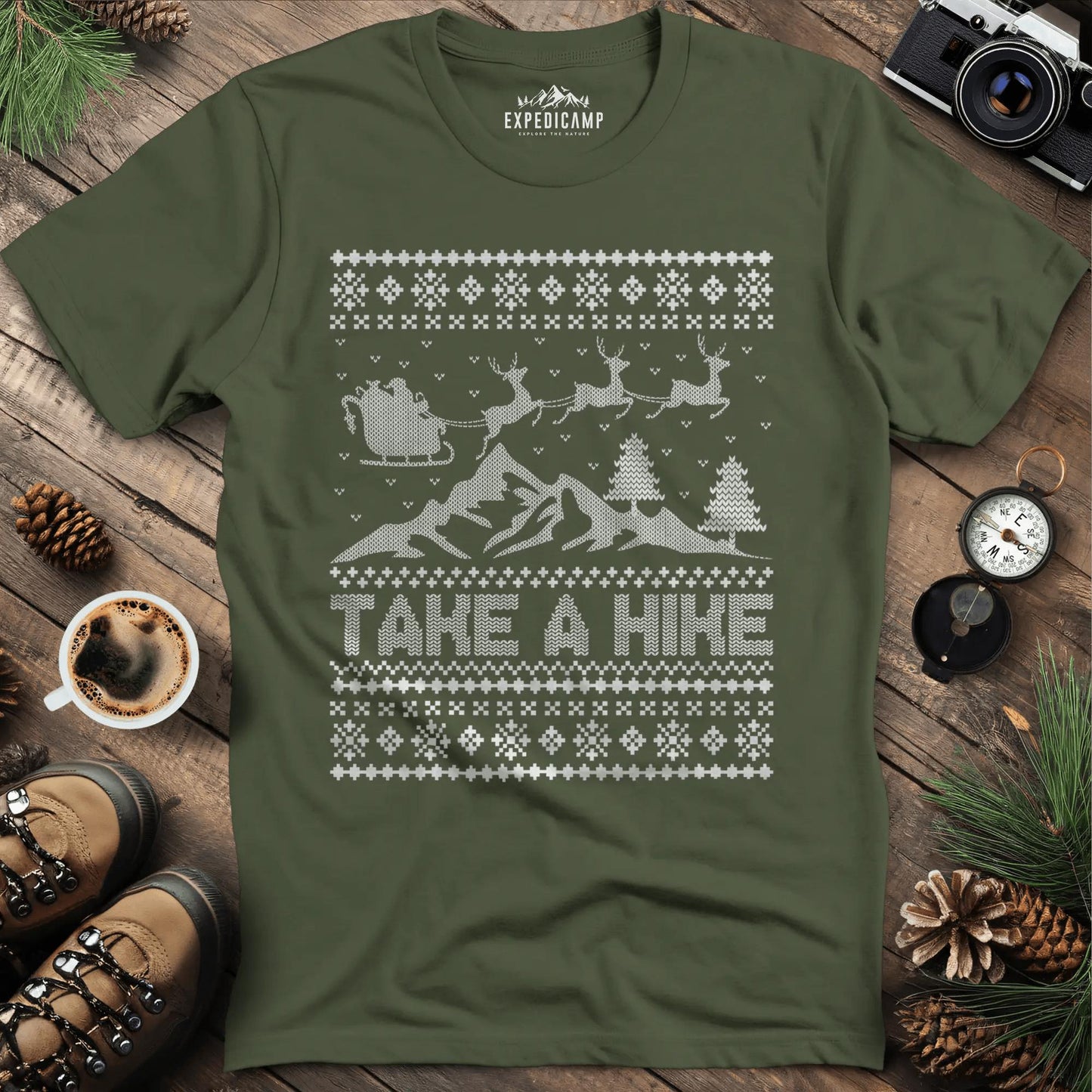 Take a Hike Ugly Christmas T-Shirt – Military Green – Outdoor apparel for travel, hiking, camping, and nature lovers – ExpediCamp