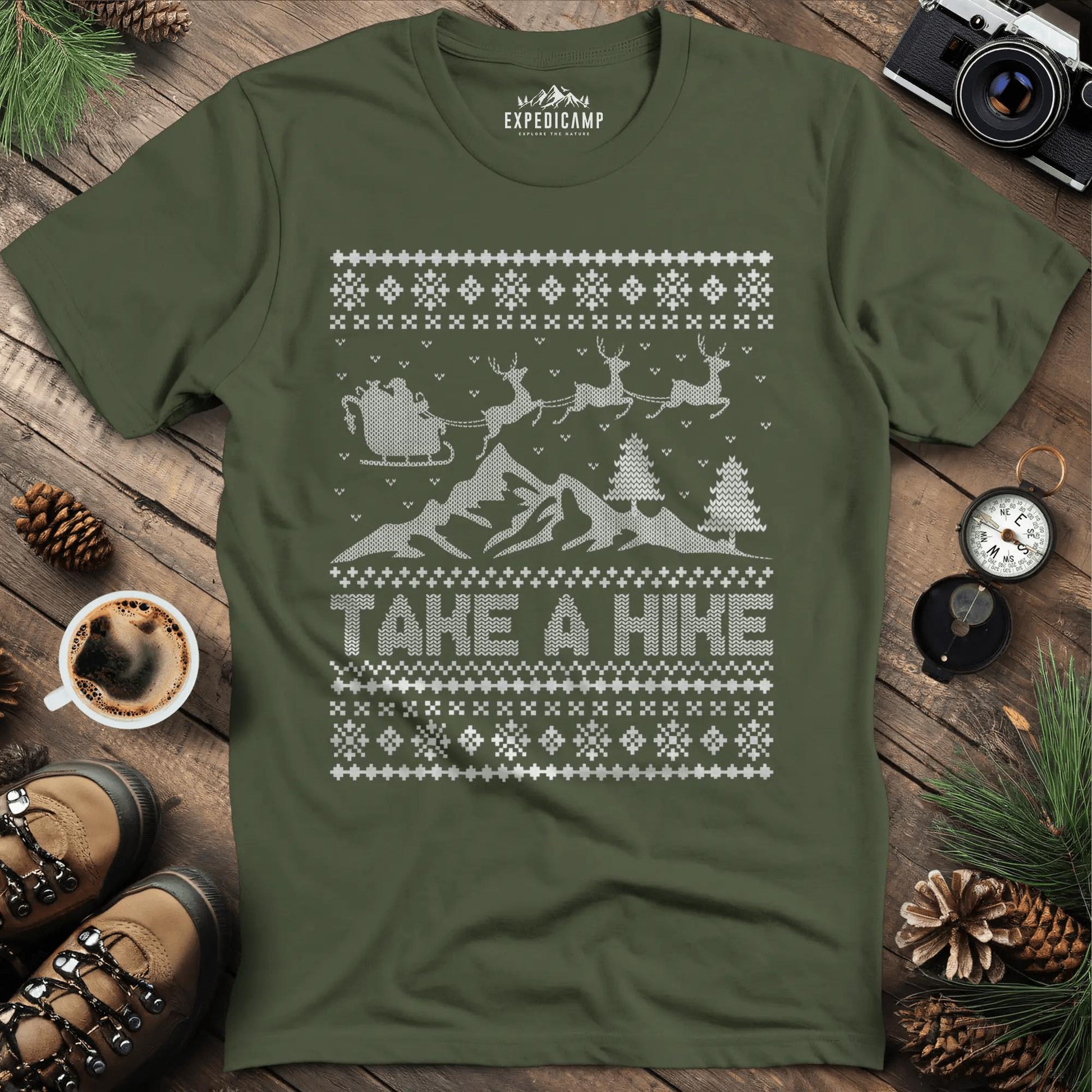 Take a Hike Ugly Christmas T-Shirt – Military Green – Outdoor apparel for travel, hiking, camping, and nature lovers – ExpediCamp