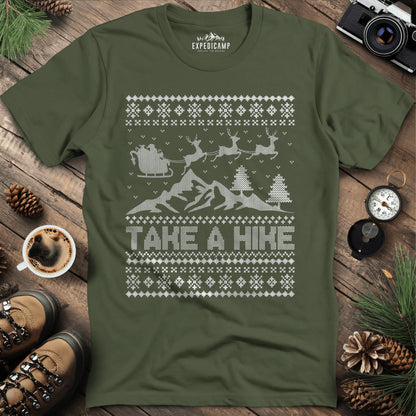 Take a Hike Ugly Christmas T-Shirt – Military Green – Outdoor apparel for travel, hiking, camping, and nature lovers – ExpediCamp