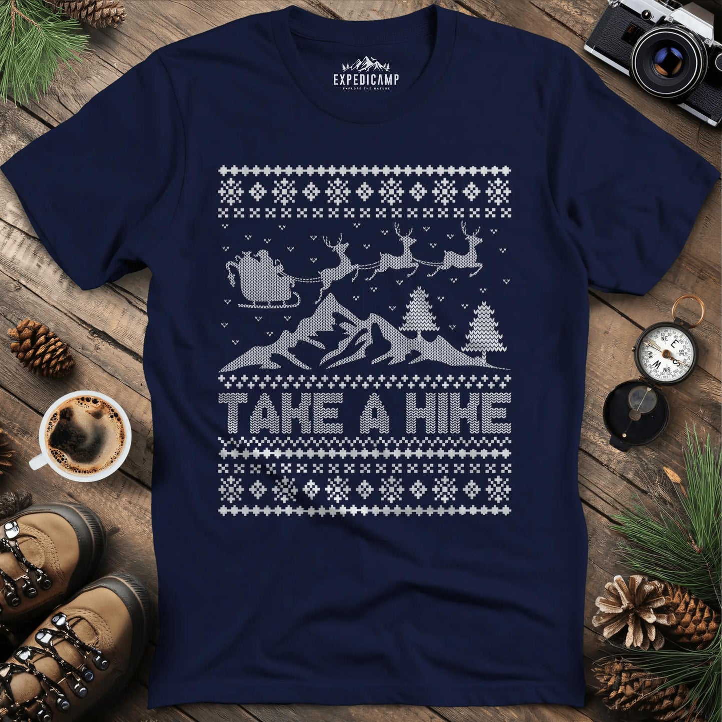 Take a Hike Ugly Christmas T-Shirt – Navy – Outdoor apparel for travel, hiking, camping, and nature lovers – ExpediCamp