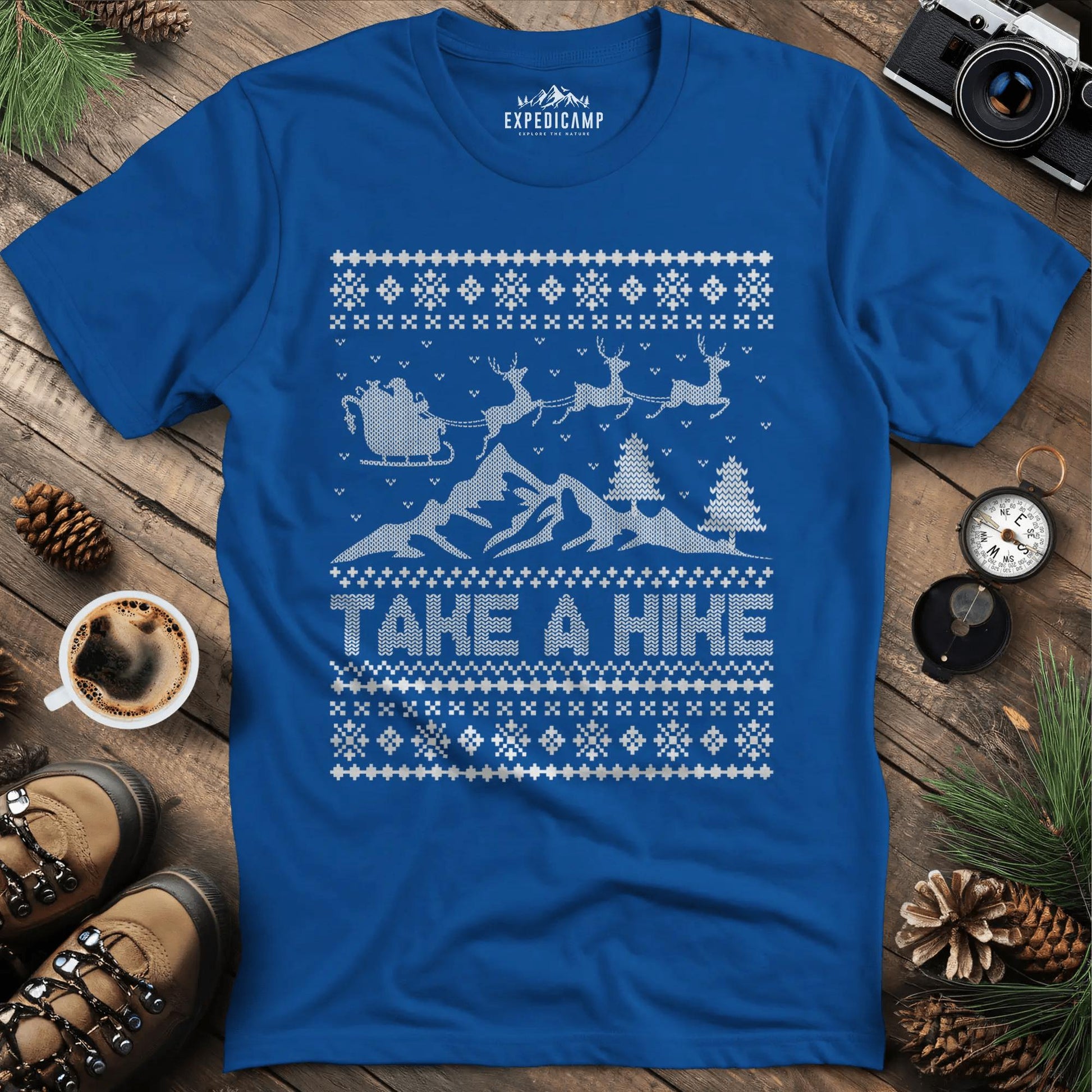 Take a Hike Ugly Christmas T-Shirt – Royal – Outdoor apparel for travel, hiking, camping, and nature lovers – ExpediCamp
