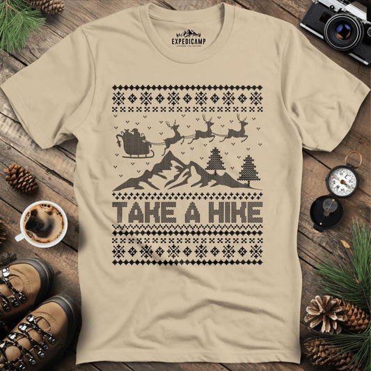 Take a Hike Ugly Christmas T-Shirt – Sand – Outdoor apparel for travel, hiking, camping, and nature lovers – ExpediCamp
