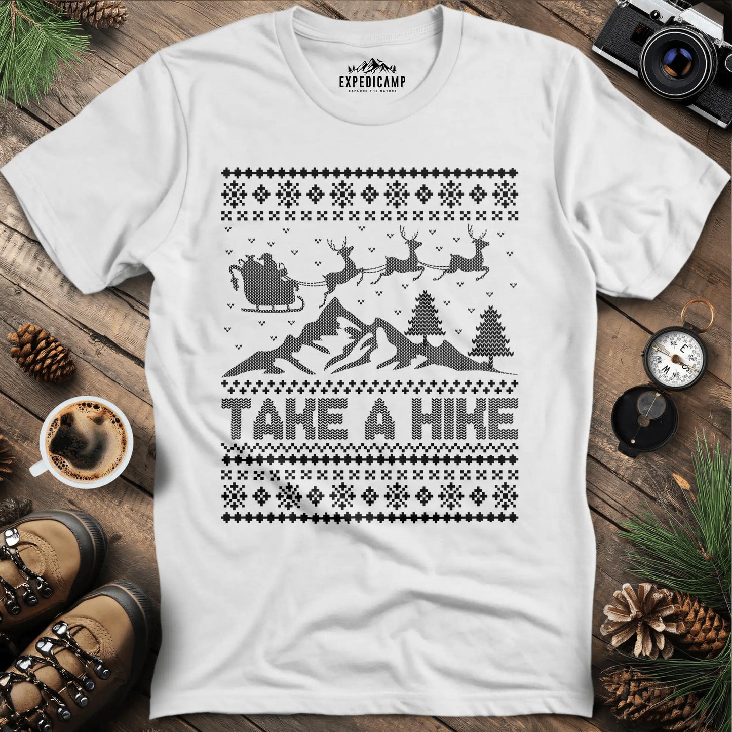 Take a Hike Ugly Christmas T-Shirt – White – Outdoor apparel for travel, hiking, camping, and nature lovers – ExpediCamp