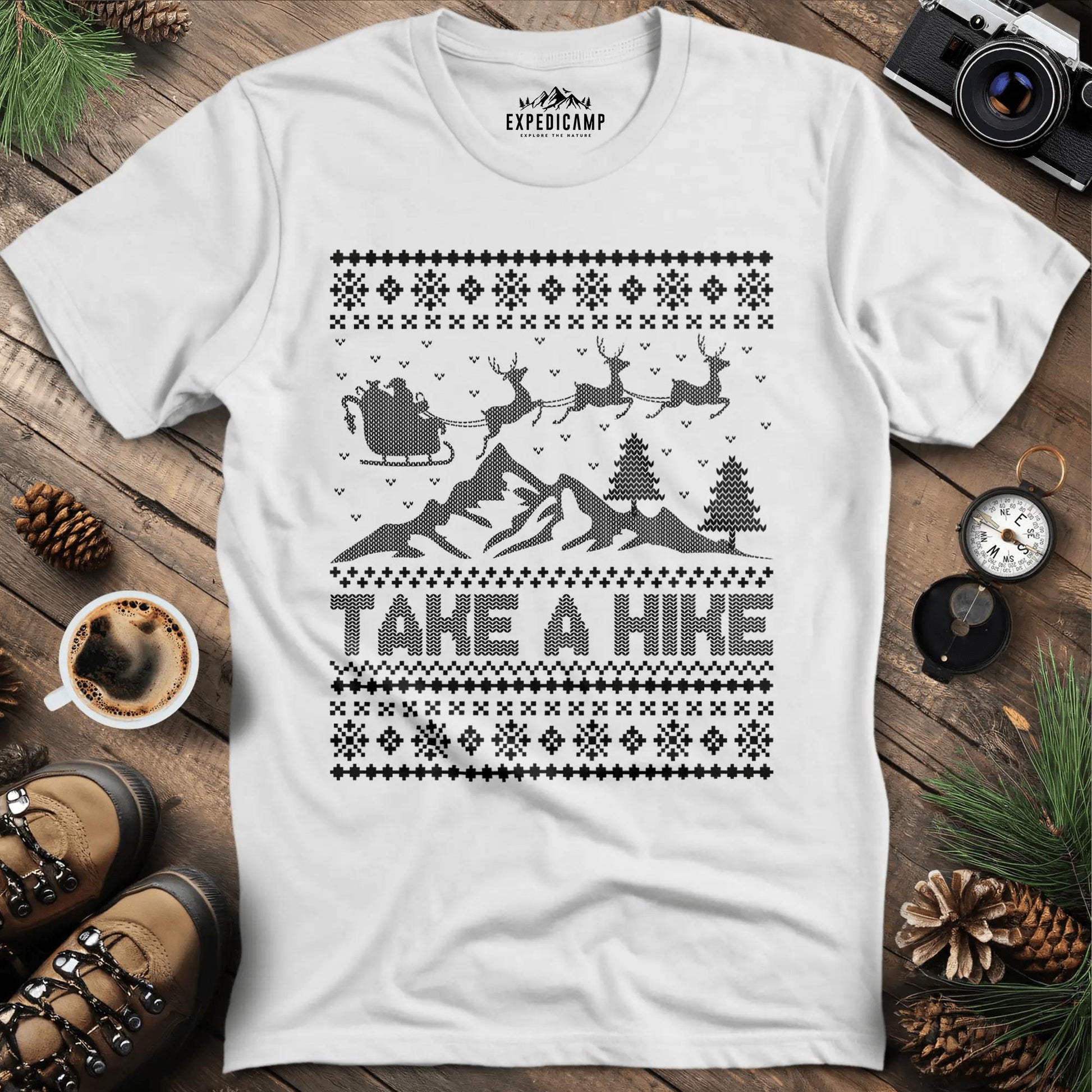 Take a Hike Ugly Christmas T-Shirt – White – Outdoor apparel for travel, hiking, camping, and nature lovers – ExpediCamp