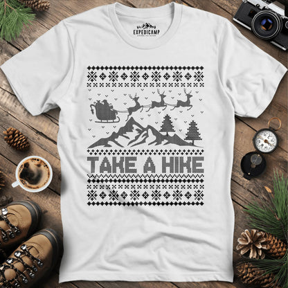 Take a Hike Ugly Christmas T-Shirt – White – Outdoor apparel for travel, hiking, camping, and nature lovers – ExpediCamp
