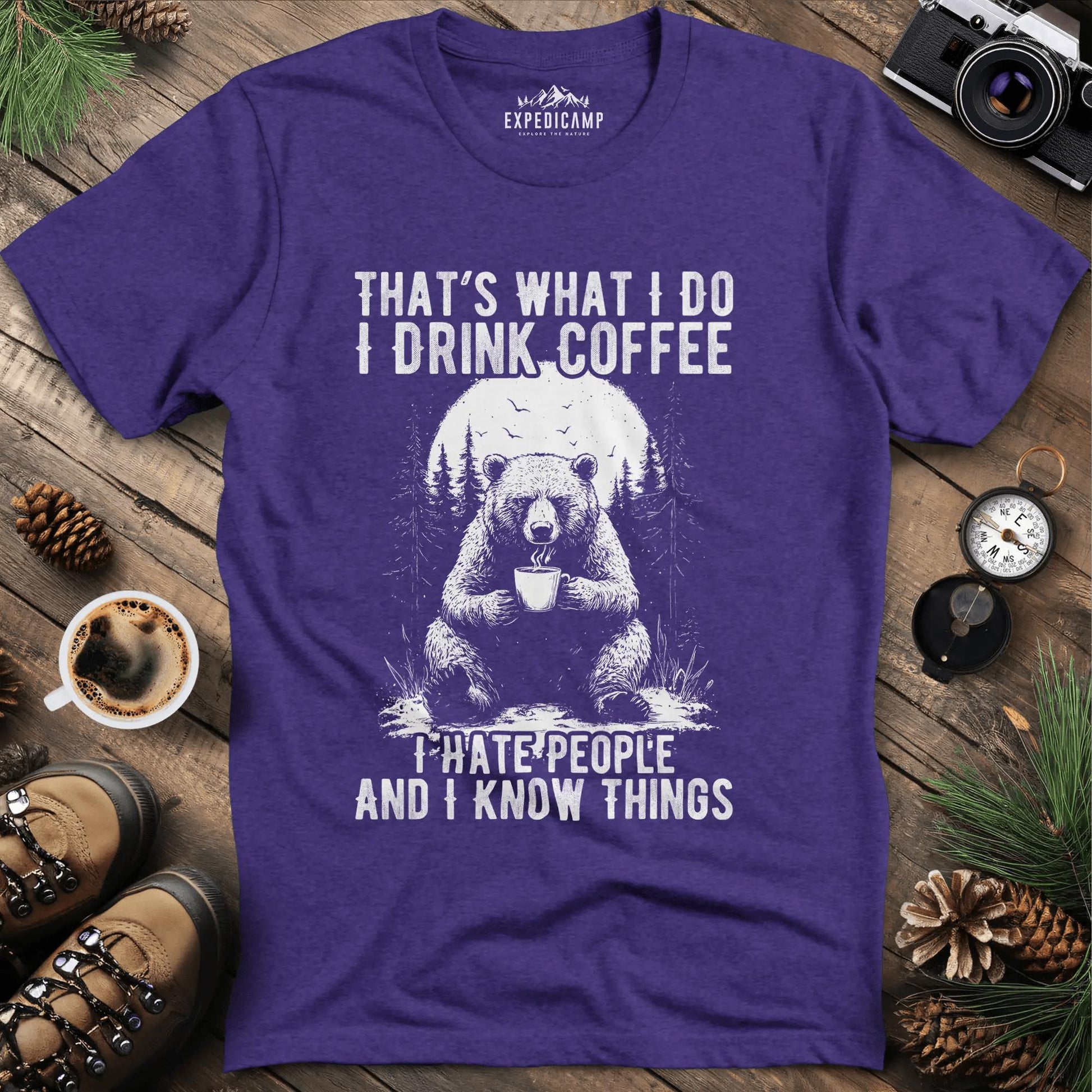 That's What I Do I Drink Coffee Bear T-Shirt – Heather Purple – Outdoor apparel for travel, hiking, camping, and nature lovers – ExpediCamp