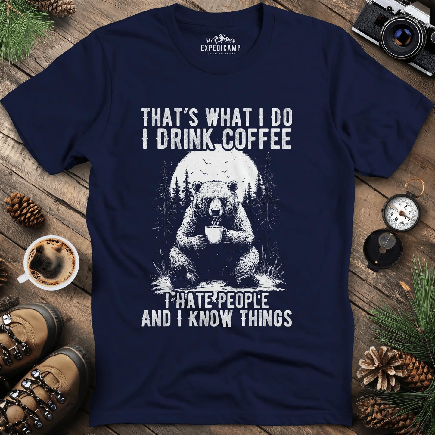 That's What I Do I Drink Coffee Bear T-Shirt – Navy – Outdoor apparel for travel, hiking, camping, and nature lovers – ExpediCamp