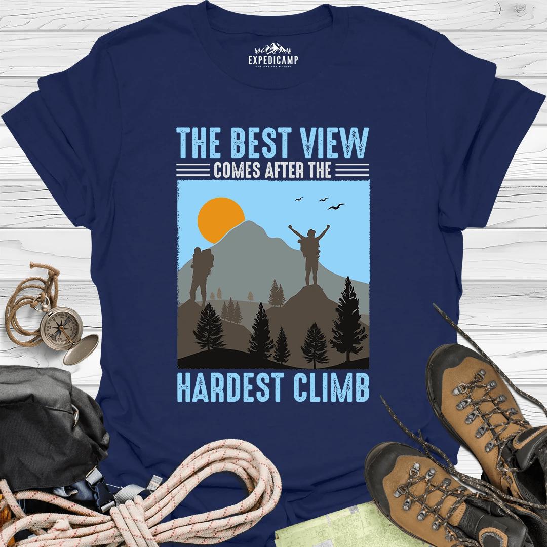 The Best View Comes After The Hardest Climb T-Shirt – Navy – Outdoor apparel for travel, hiking, camping, and nature lovers – ExpediCamp