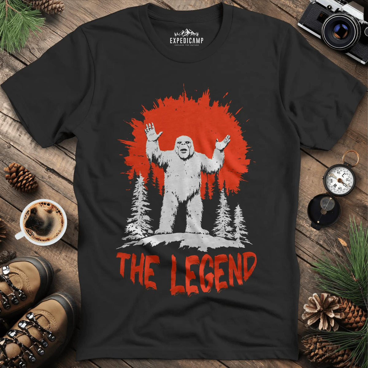 The Legend Bigfoot T-Shirt – Black – Outdoor apparel for travel, hiking, camping, and nature lovers – ExpediCamp