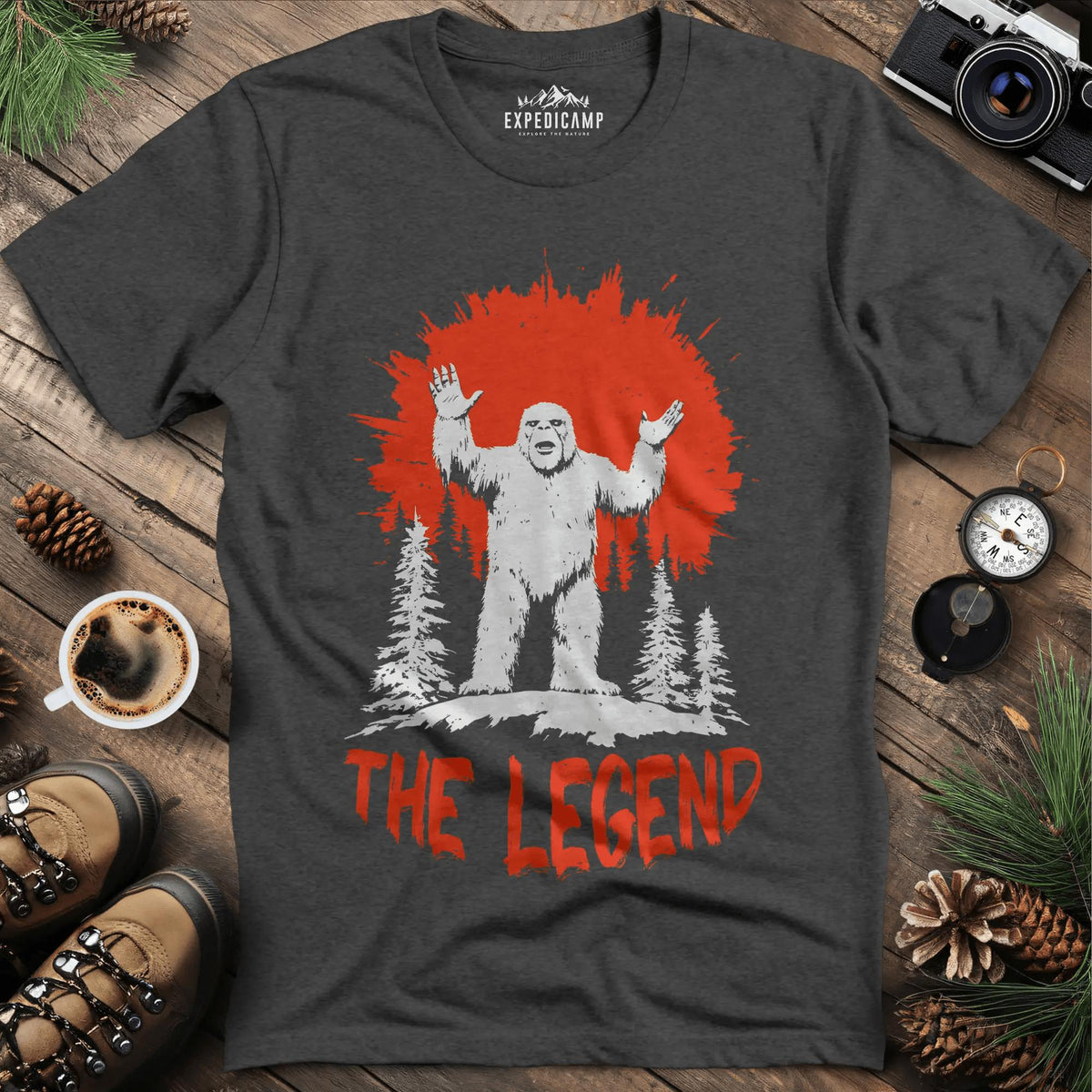 The Legend Bigfoot T-Shirt – Dark Heather – Outdoor apparel for travel, hiking, camping, and nature lovers – ExpediCamp