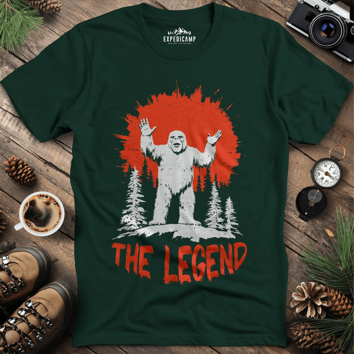 The Legend Bigfoot T-Shirt – Forest Green – Outdoor apparel for travel, hiking, camping, and nature lovers – ExpediCamp
