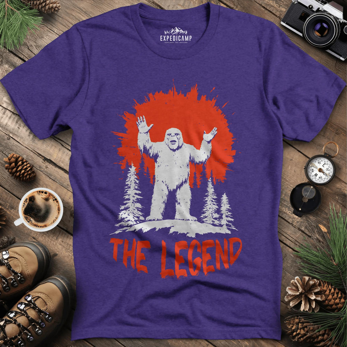 The Legend Bigfoot T-Shirt – Heather Purple – Outdoor apparel for travel, hiking, camping, and nature lovers – ExpediCamp