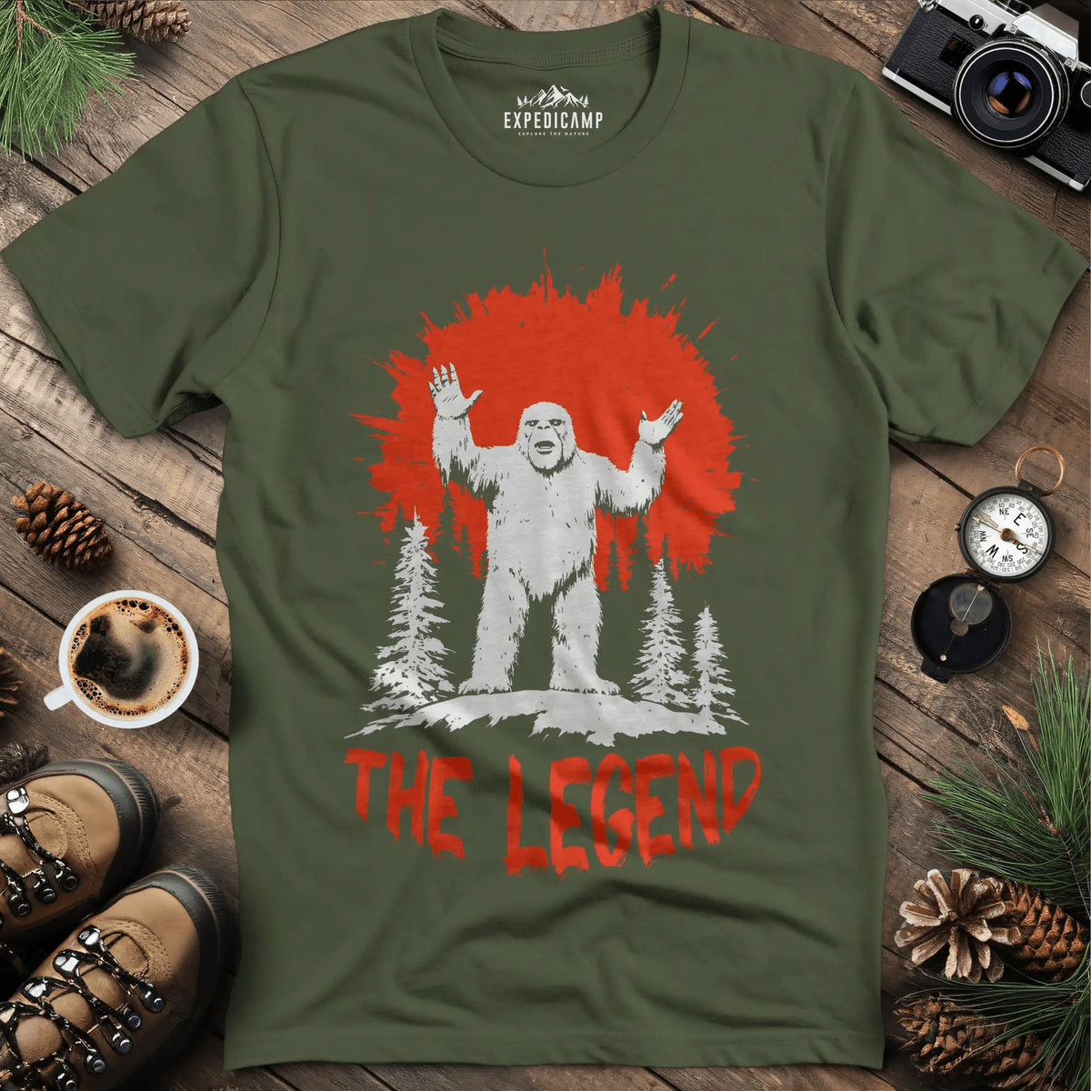 The Legend Bigfoot T-Shirt – Military Green – Outdoor apparel for travel, hiking, camping, and nature lovers – ExpediCamp