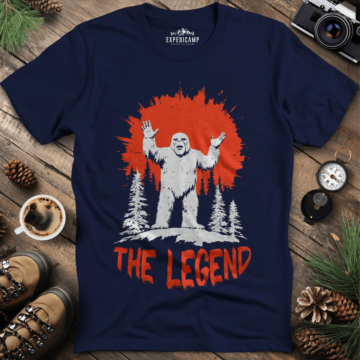 The Legend Bigfoot T-Shirt – Navy – Outdoor apparel for travel, hiking, camping, and nature lovers – ExpediCamp