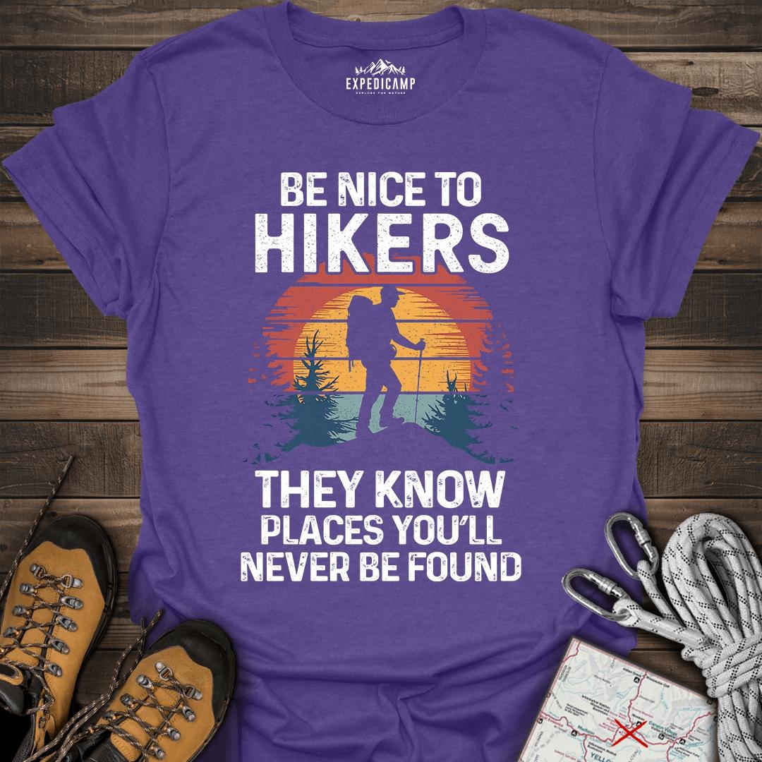 They Know Places Be Nice To Hikers T-Shirt – Heather Purple – Outdoor apparel for travel, hiking, camping, and nature lovers – ExpediCamp