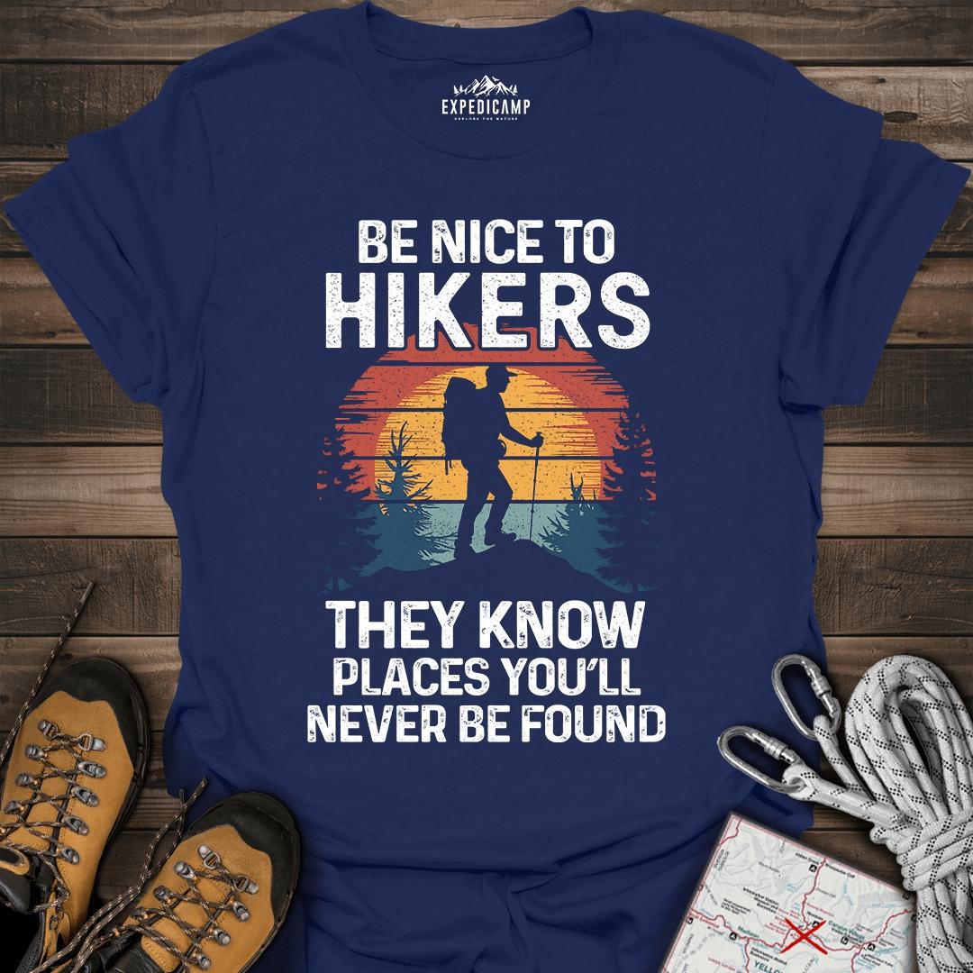 They Know Places Be Nice To Hikers T-Shirt – Navy – Outdoor apparel for travel, hiking, camping, and nature lovers – ExpediCamp