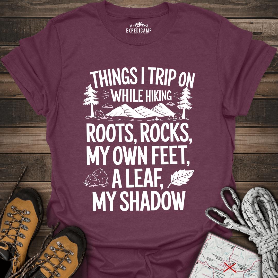Things I Trip On While Hiking T-Shirt – Heather Maroon – Outdoor apparel for travel, hiking, camping, and nature lovers – ExpediCamp