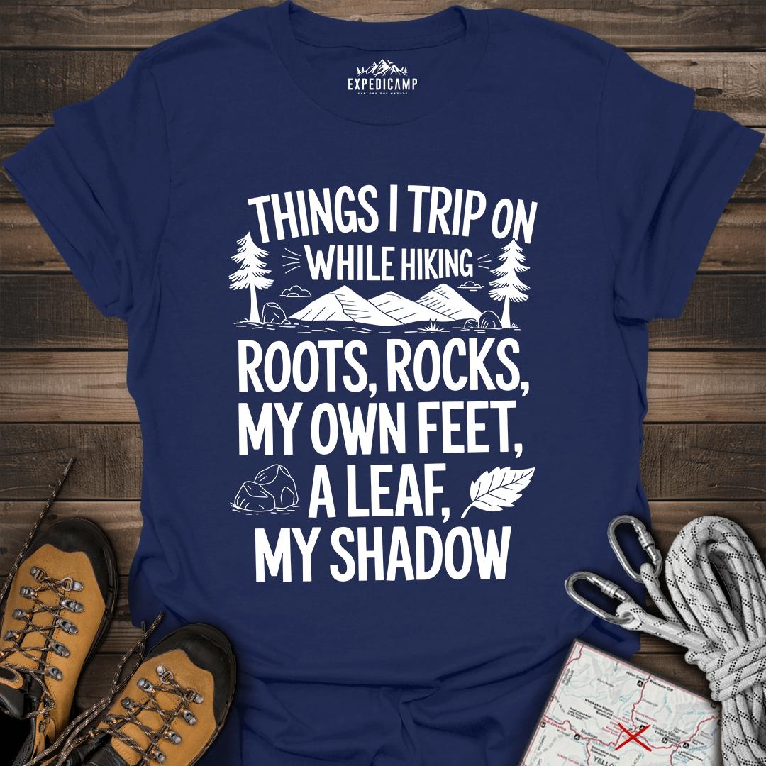 Things I Trip On While Hiking T-Shirt – Navy – Outdoor apparel for travel, hiking, camping, and nature lovers – ExpediCamp