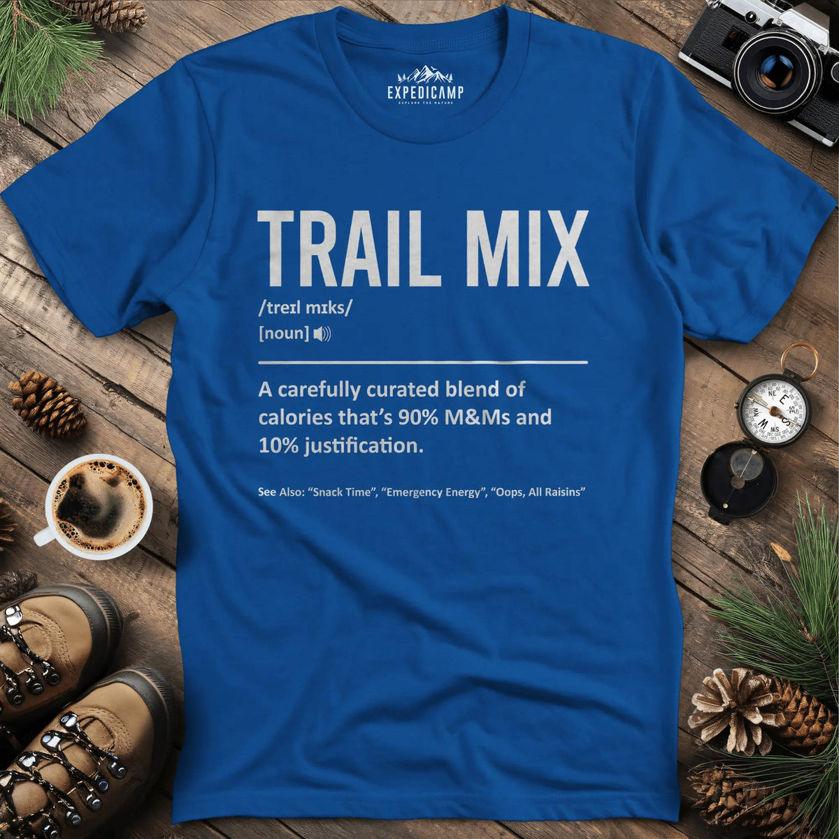 Trail Mix Definition T-Shirt – Royal – Outdoor apparel for travel, hiking, camping, and nature lovers – ExpediCamp