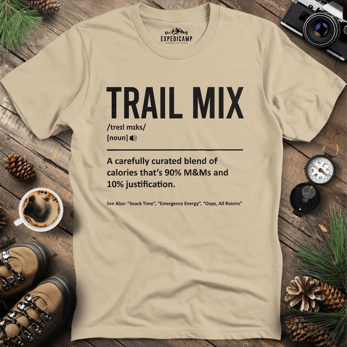 Trail Mix Definition T-Shirt – Sand – Outdoor apparel for travel, hiking, camping, and nature lovers – ExpediCamp