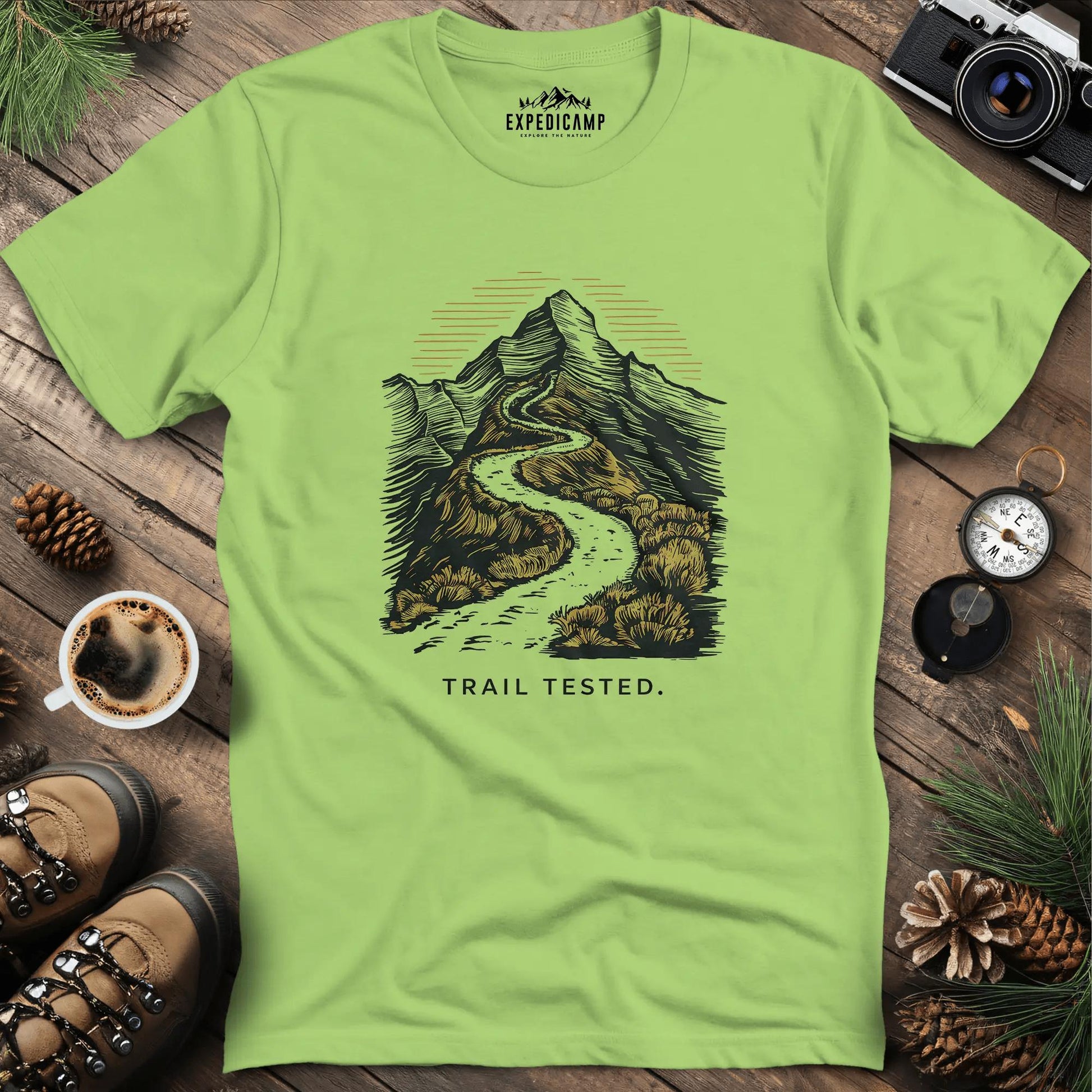 Trail Tested Mountain Path T-Shirt – Kiwi – Outdoor apparel for travel, hiking, camping, and nature lovers – ExpediCamp