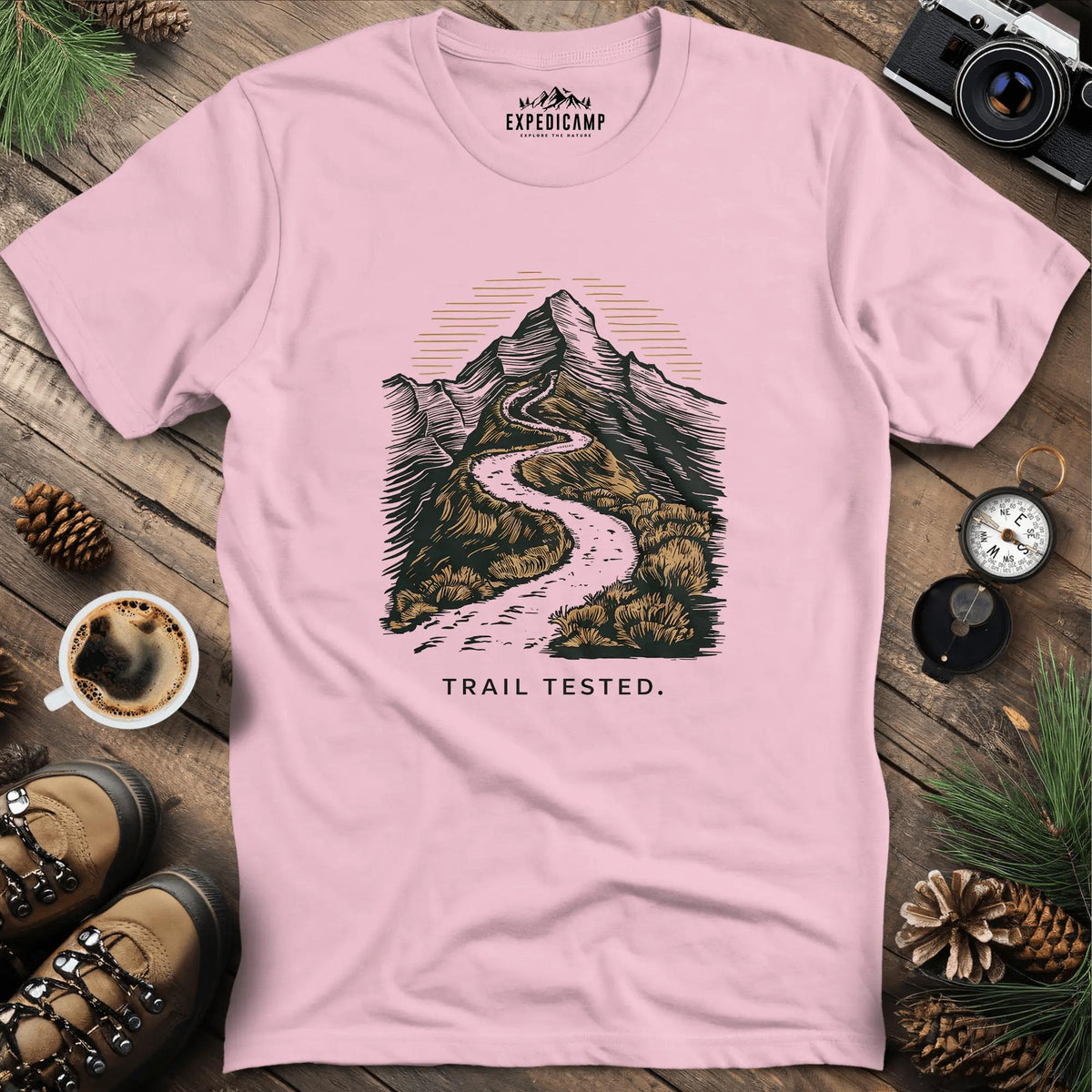 Trail Tested Mountain Path T-Shirt – Light Pink – Outdoor apparel for travel, hiking, camping, and nature lovers – ExpediCamp