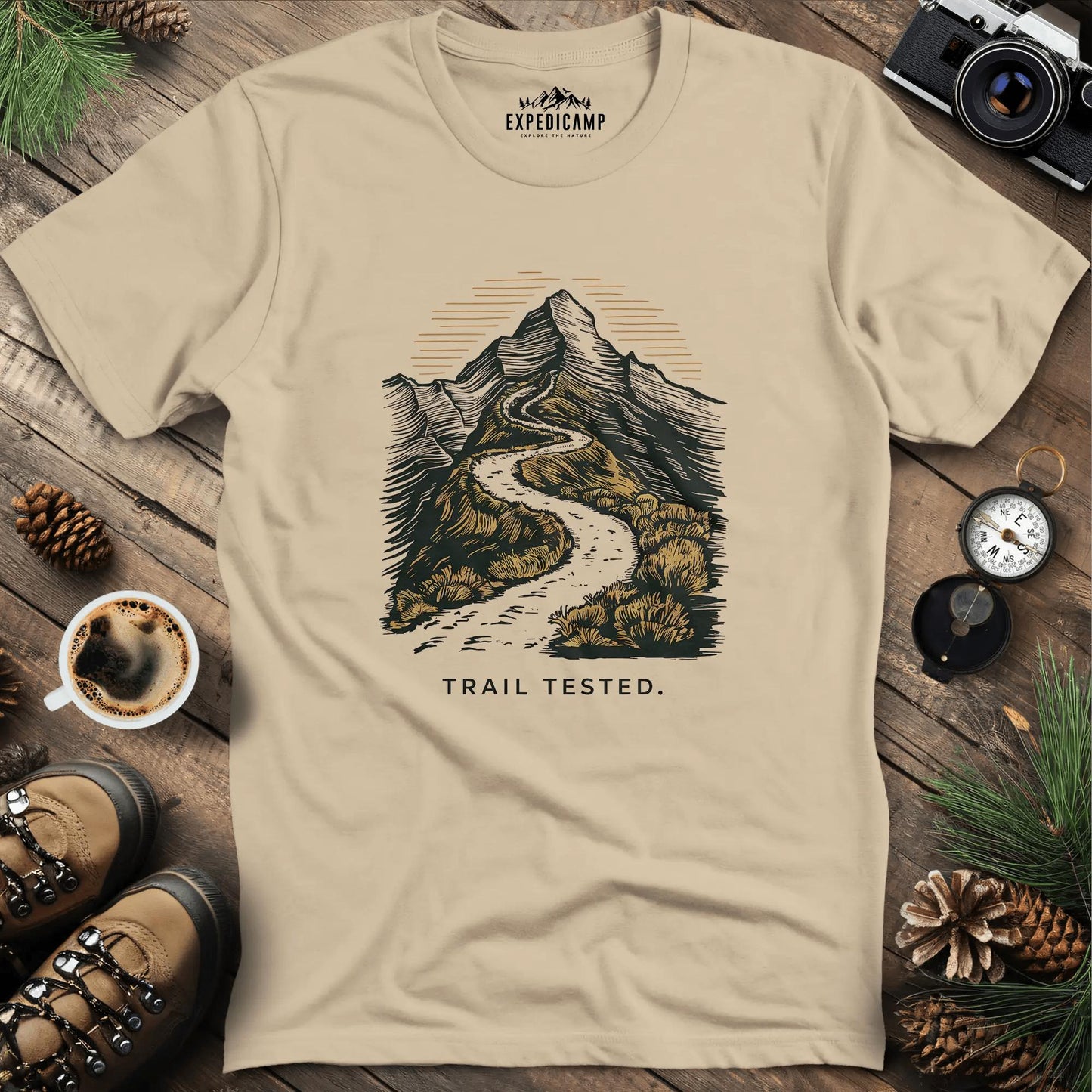 Trail Tested Mountain Path T-Shirt – Sand – Outdoor apparel for travel, hiking, camping, and nature lovers – ExpediCamp